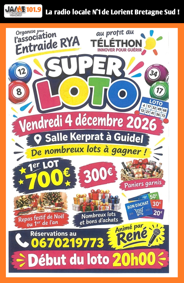 Un loto au profit du Téléthon est organisé vendredi 4 décembre à Guidel. De nombreux lots sont à gagner, dont un premier prix de 700 euros.